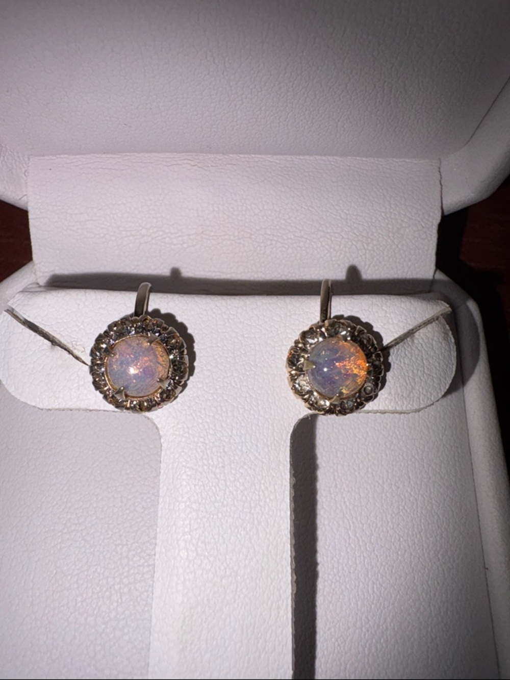 Vintage Vargas Gold Pink Opal Halo Drop Earrings - Iridescent Dragon Fire Stone - Picture 5 of 11